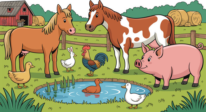 Countryside farm animals vector cartoon illustration with horse cow duck pig and barnyard pond isolated on white background