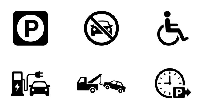 Parking Icons Set: Reserved, No Cars, Disabled, EV Charging, Towing, Time Limit, Vector Graphics