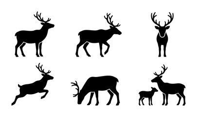 Fototapeta premium Deer Silhouettes Collection, Majestic Antlered Animals, Wildlife Vector Icons, Forest Creatures Set