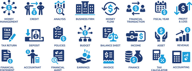 Naklejka premium Finance and Accounting Blue Business Icons Set for Budget Revenue Tax and Financial Management