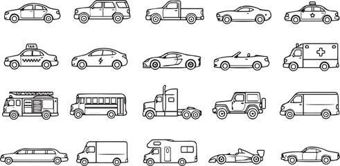 Fototapeta premium Transportation and vehicles line icon set, car and truck outline vector symbols template