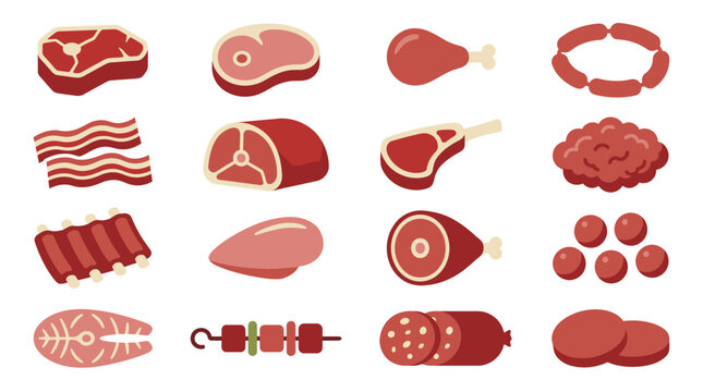 Assorted raw meat products icons collection set on white background