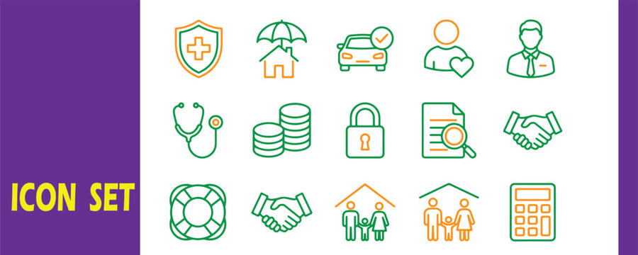 Insurance policy and personal protection icon collection featuring health auto home financial and family security vector graphics for risk management services insurance protection property