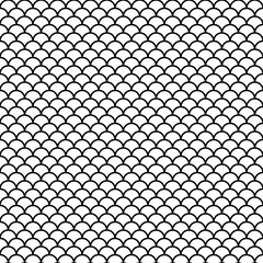 Fish scale wallpaper. Asian traditional ornament with repeated scallops. Repeated black curves on white background. Seamless surface pattern design with semicircles. Grid motif. Digital paper. Vector. © funkyplayer