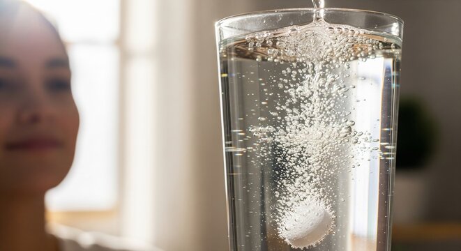 Effervescent Vitamin Tablet Dissolving in a Glass of Water
