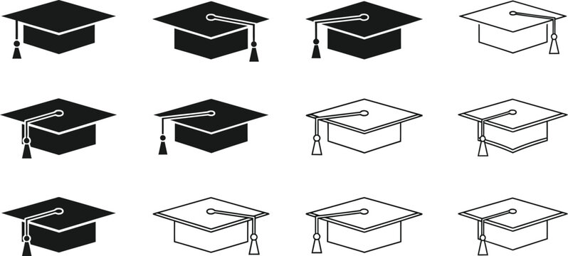 Graduation caps, various styles and line black and white graduation hats academic regalia