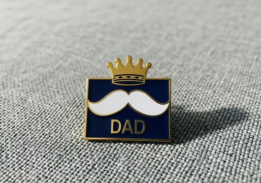 A gold and blue pin with a mustache and crown on a fabric surface