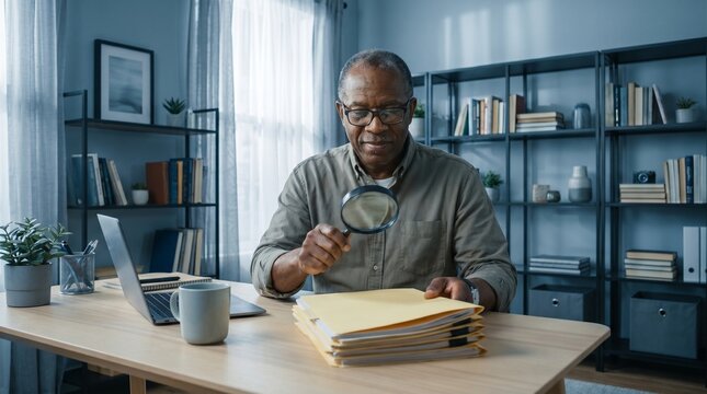 Investigator reviews a stack of paper files with a magnifying glass at a desk in a modern office, emphasizing document inspection, case analysis, and administrative scrutiny.