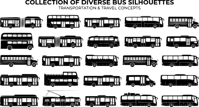 Collection of diverse black bus silhouettes for transportation and travel concepts