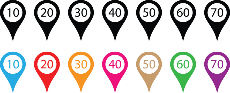 Map pin location marker vector set with numbers, colorful navigation pointer icon isolated on white background