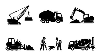 Construction Equipment Icons Set, Heavy Machinery Vector Graphics, Building Site Tools, Industrial Vehicles Collection © Laila