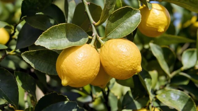 Ripe yellow lemons growing on sunny tree branches with green leaves in organic citrus orchard during fresh harvest season