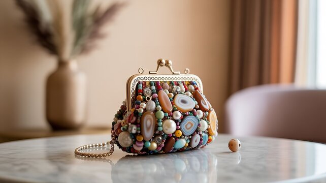 Beaded evening clutch on marble table indoors nobody