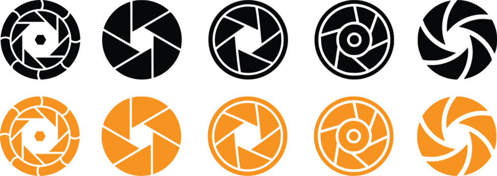 Camera shutter aperture icon vector set, photography lens diaphragm symbol isolated on white background