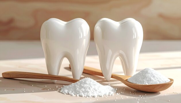 Two white teeth, wooden spoons, and a pile of white powder