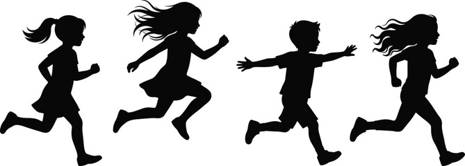 Black Silhouettes of Four Happy Children Running and Playing Together in Motion Isolated on a Plain White Background © MDNAHIN
