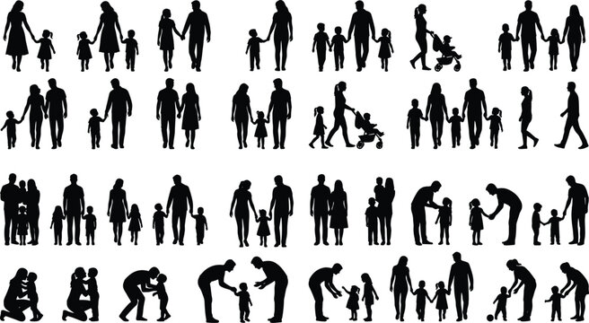 Large collection of black family silhouettes showing parents and children walking playing and pushing strollers on white background