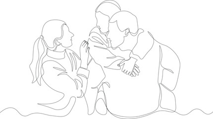 Obraz premium Continuous Line Drawing of Mother Looking at Daughter Carried by Father, Loving Family Interaction Concept