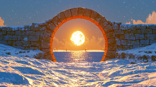 Stone archway portal to a sunny ocean at sunset with ethereal invitation tranquil