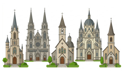Ancient Gothic church collection flat vector illustration isolated vintage Christian architecture design © Mousumi