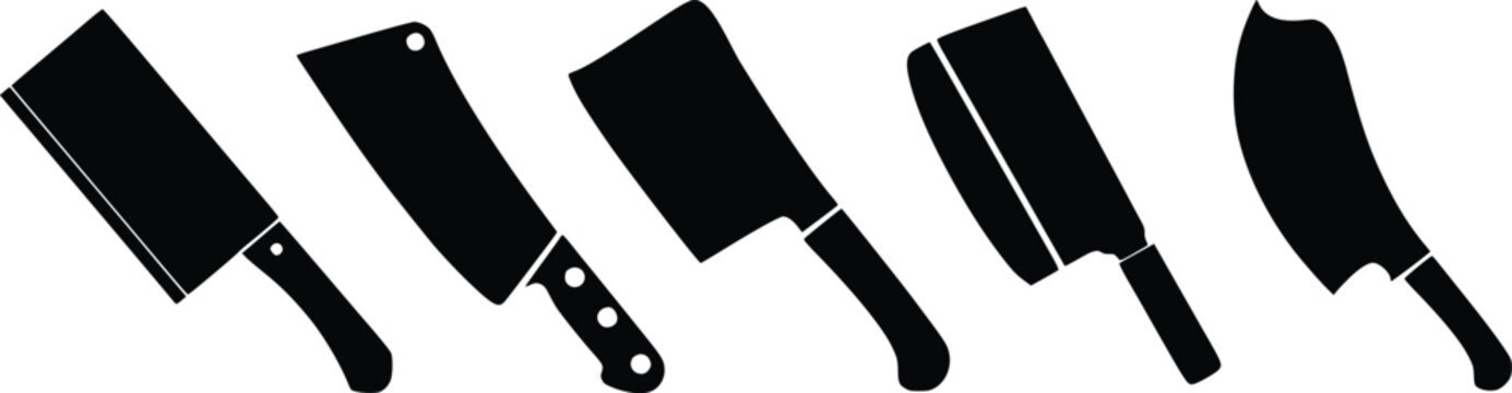 Kitchen cleaver knife vector set, meat chopper or butcher blade symbol isolated on white background