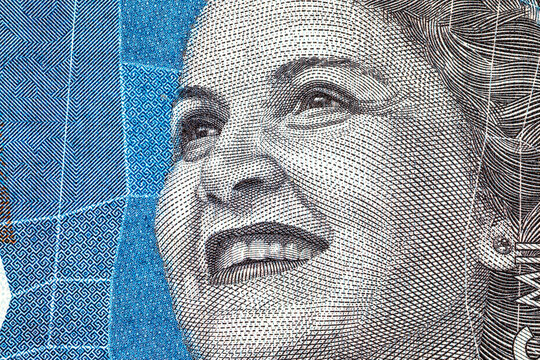 Colombian 2000 Mil Pesos banknote featuring the portrait of artist Debora Arango. Colombian national currency cash.
