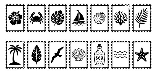 Collection of black and white tropical and beach themed postage stamp © Naimul