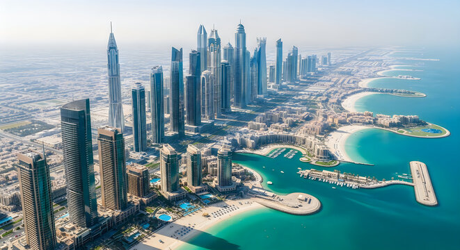 Aerial view of dubai marina skyline and coastline in united arab emirates
