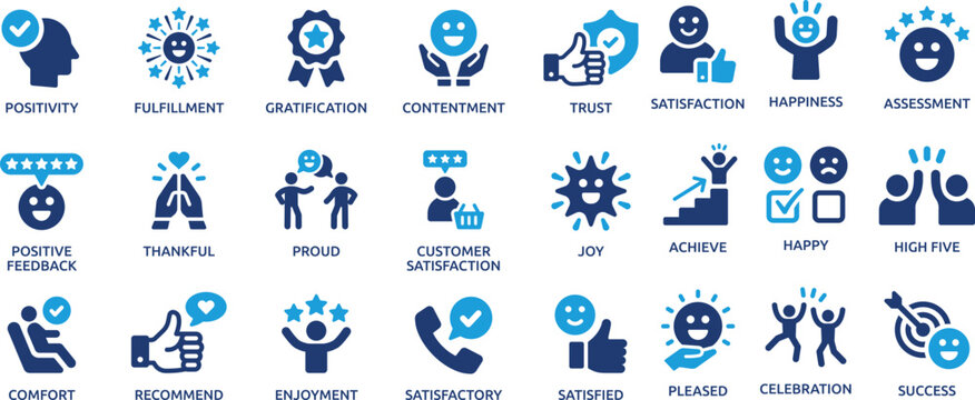 Positive Feedback and Customer Satisfaction Blue Business Icons Set for Happiness Success and Trust