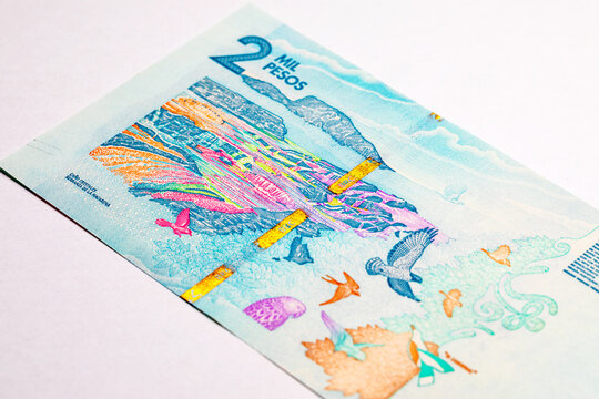 Colombian 2000 Mil Pesos banknote showing the Ca&ntilde;o Cristales river in Serrania de la Macarena and flying birds. Colombian national currency bill.