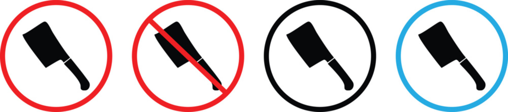 No cleaver knife sign vector set, forbidden butcher blade or danger symbol isolated on white background