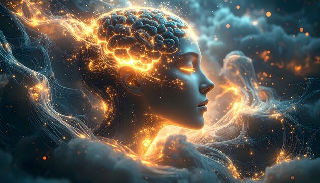 Abstract Mindscape - Glowing Brain and Ethereal Figure in Cosmic Cloud.
