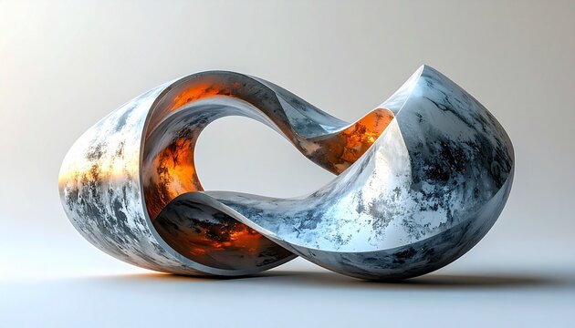 Abstract Mobius Strip Sculpture with Earth and Fire Textures.