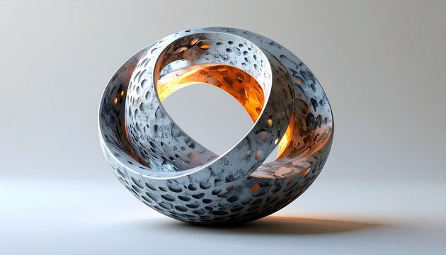 Abstract Mobius Strip Sculpture with Intricate Pattern and Warm Interior Glow.