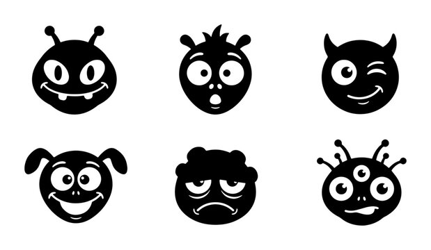 Set of 6 Black Monster Faces Vector Icons, Cartoon Alien Emoticons, Cute Creature Expressions, Playful Character Symbols for Graphic Design