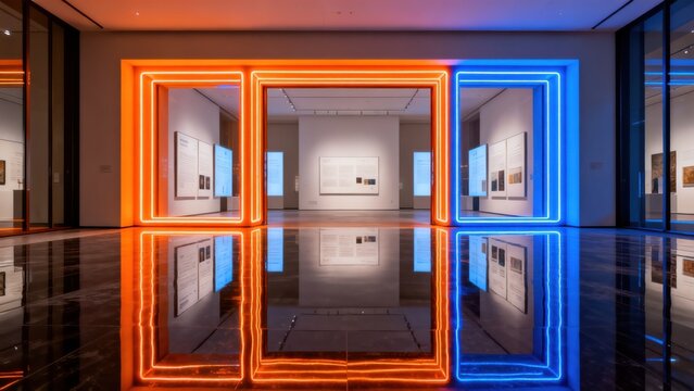 Art gallery with neon light frames