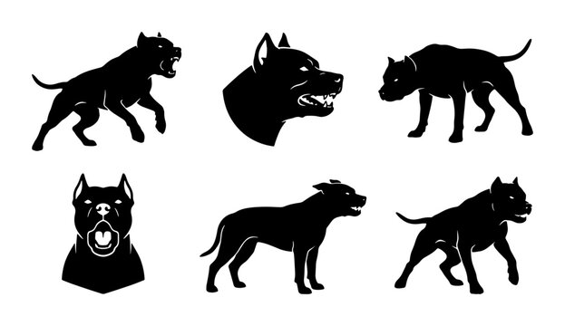 Aggressive Pitbull Dog Silhouettes, Powerful Canine Vector Icons, Fierce Breed Poses, Athletic Animal Graphics, Black and White Pet Illustrations