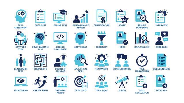 Collection of business and education icons for skill assessment and career development concepts