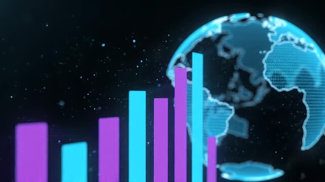 A digital globe displaying Africa is surrounded by blurred pink and blue bar graphs on a dark background.