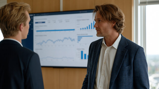 Dashboard KPI metrics overview showing real-time sales velocity, churn rate, and conversion funnels on a wall-mounted analytics display, operations manager and junior analyst standing before it duri