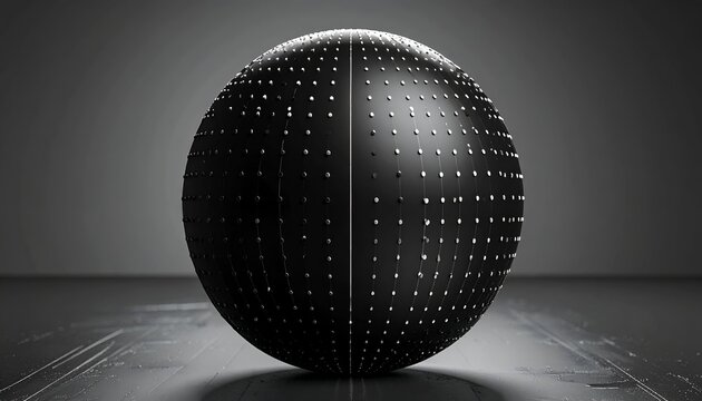 Black sphere with a dotted pattern, symmetrical and sleek on gray background