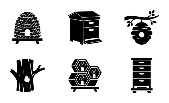 Diverse Beehive Collection, 6 Vector Icons Set: Traditional Skeps, Modern Langstroth, Natural Tree Hollows, Honeycomb Structures, Apiary Elements for Organic Farming and Beekeeping Graphics