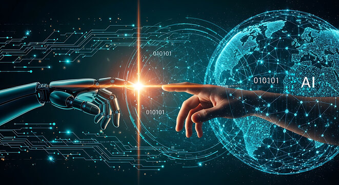 A robotic hand and a human hand touching, with a glowing digital globe and binary code representing global artificial intelligence and connectivity