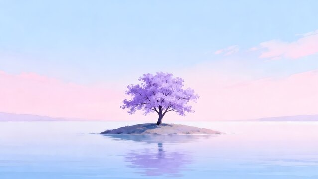 Solitary tree with purple blossoms on small island