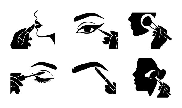 Beauty Icons: Makeup Application Set, Cosmetic Procedures, Woman's Face, Elegant Style, Vector Graphics for Beauty Salons and Fashion Brands