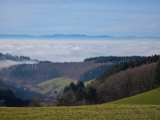 Obraz premium Germany, Scenic overlook above Freiburg city with foggy clouds and bright mountain sunshine