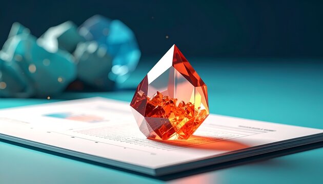 Faceted orange gem atop a graph, abstract forms behind