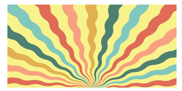 Abstract Retro 70s colorful sun with rays on vintage background. Spiral retro pattern background. Zebra groovy Y2K  colorful lines. 