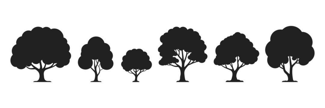 Tree Silhouette Icon Collection with Pine Forest Vector Elements, Nature Foliage Shapes, Black Isolated Tree Icons, and Clean Minimal Environmental Design
