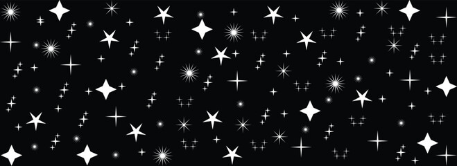 Fototapeta premium Glowing White Star Sparkle Background on Black. Abstract Glitter Galaxy Night Sky Pattern for Wallpaper, Banner, Fabric Print, Digital Backdrop. Effect shine star clean. Vector illustration.